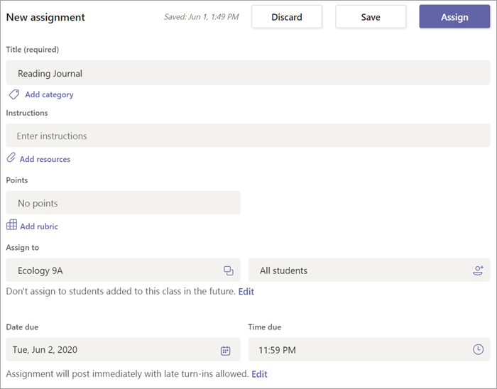 Speichern einer Aufgabe als Entwurf in Microsoft Teams 399ffe60-fbb4-4f6e-b57b-4b7c18542c19.png