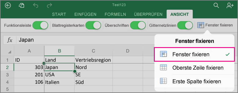 Fixieren von Fensterbereichen zum Sperren der ersten Zeile oder Spalte 68c8de94-68a5-4bb9-a13a-9c71fd91db0d.png