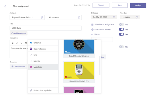 Hinzufügen von MakeCode-Aktivitäten zu Aufgaben in Microsoft Teams 85dd1949-6921-4b13-ad61-3f3fb3e62710.png