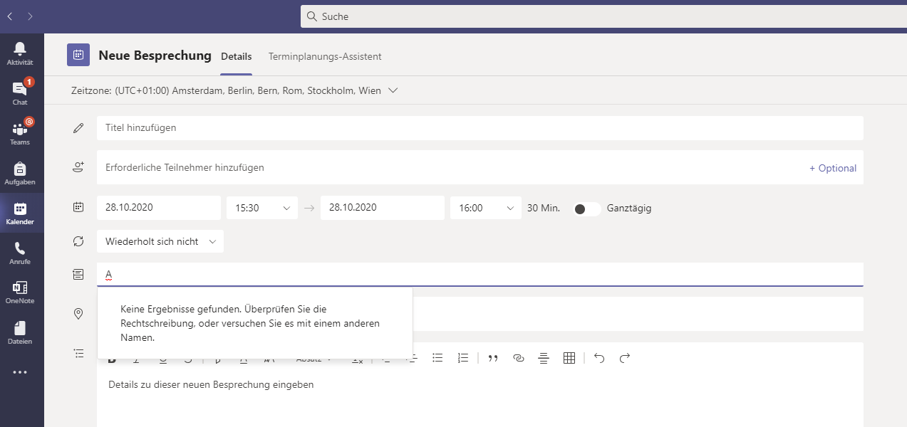 Keine Möglichkeit, einen Kanal auszuwählen bei der Anlage eines neuen Besprechungstermins im ... 9607765e-65e8-42fb-9372-1f79f2e0071b?upload=true.png